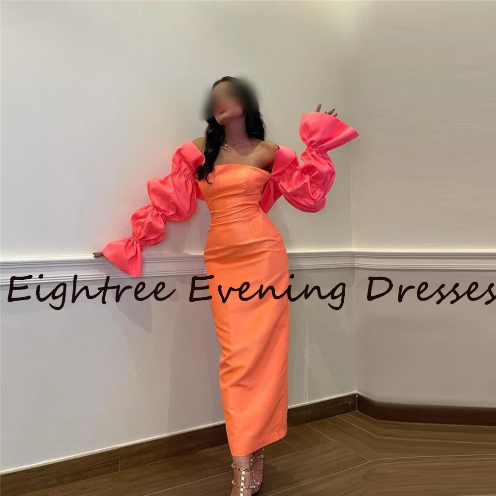 Orange Pink Long Sleeves Strapless Evening Dress Tea Length Short Bridal Dubia Party Night Gowns Dresses Vestidos de festa