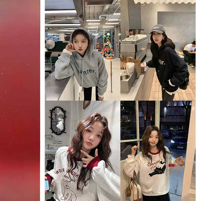 

Коллекция теплых худи с флисовой подкладкой: бежевые и черные повседневные женские толстовки с принтом для зимы от Ibell Zhang
