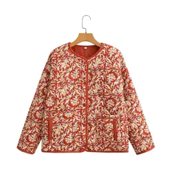 Chaqueta con estampado de manga larga sin cuello para mujer, abrigo de capa delgada de algodón, ropa de talla grande, elegante y cálida, Otoño e Invierno