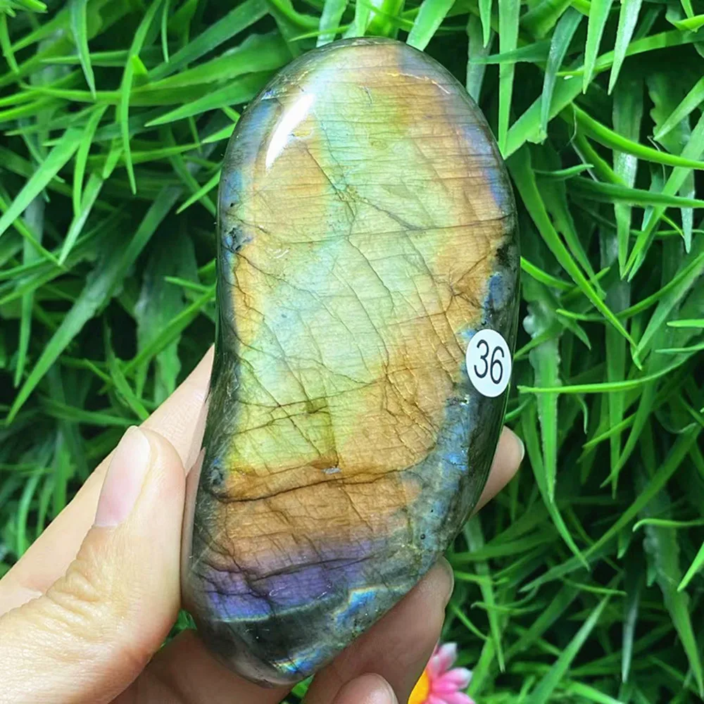 Natural gemstone Purple Green Labrador stone double-sided flash Lengthened stone mineral specimen home decoration gift