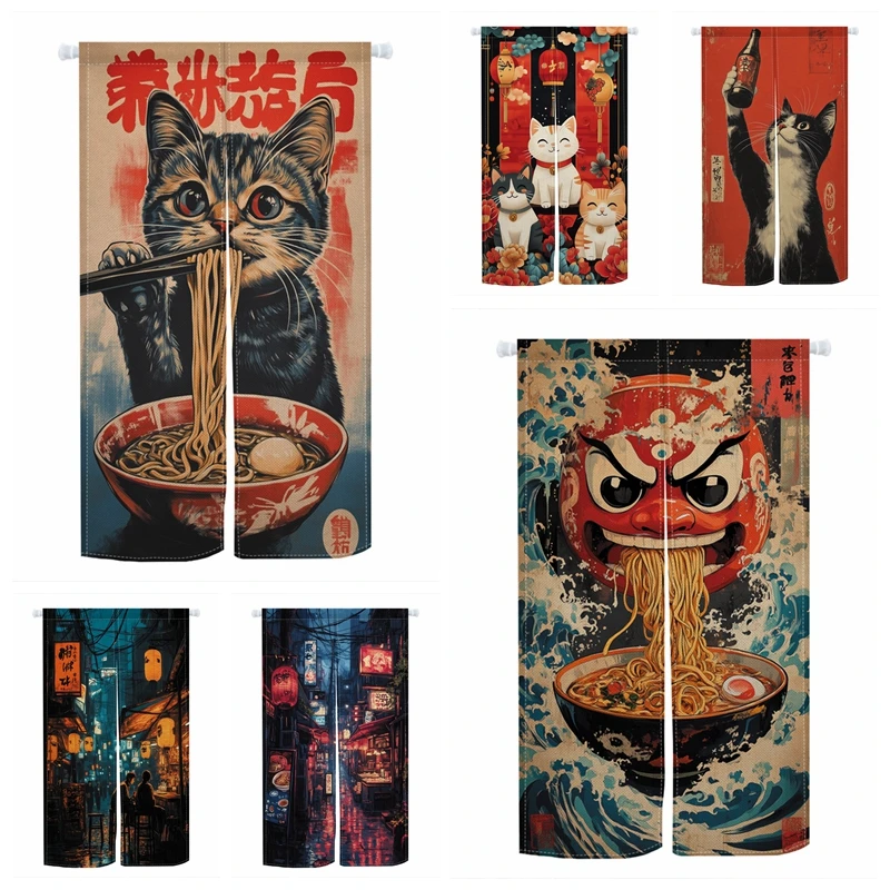Noren Japanese Door Curtains Cat Ramen Street Restaurant Izakaya Partition Linen Doorway Curtain Kitchen Velcro Half Curtains