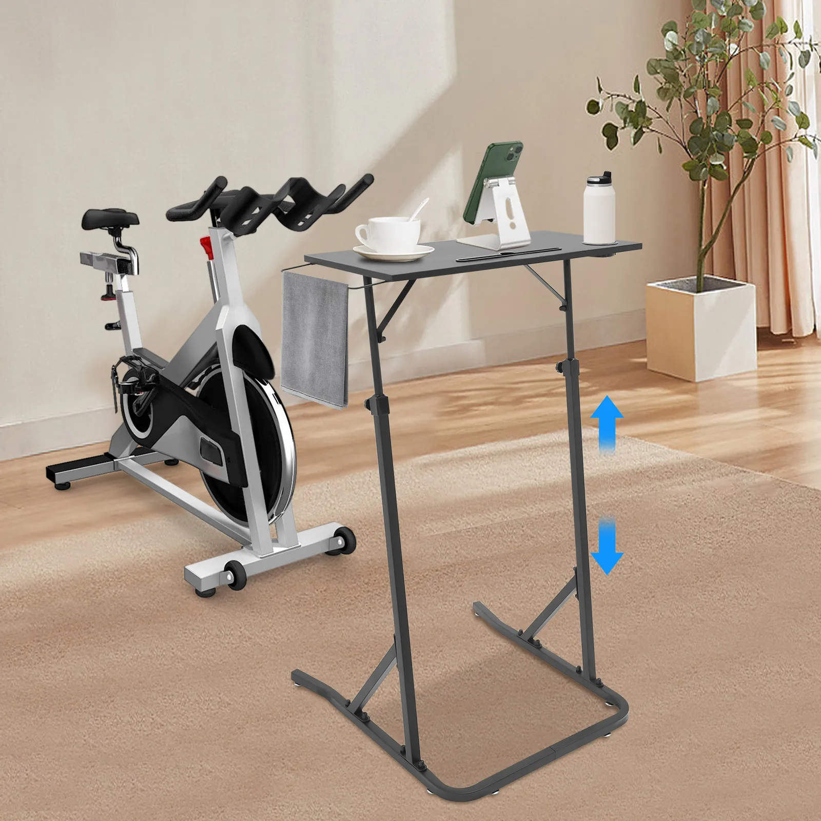 Adjustable Bike Trainer Desk, Standing/Sitting Office Desk with Cup Holder & Towel Rack for Fitness & Work view 2