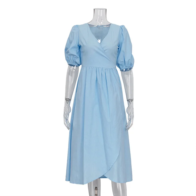 Ele High Waist  Color Women's Dr with Sa And Slit Bubble Sves Long V-Ne A-Line Summer Polyester Gown