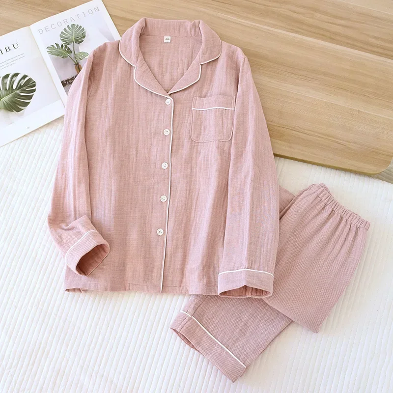 Setelan Piyama Pasangan Musim Semi Baru 2025 100% Katun Empat Lapis Kain Kasa Lengan Panjang Celana Panjang Pria dan Wanita Dua Potong Pakaian Rumah