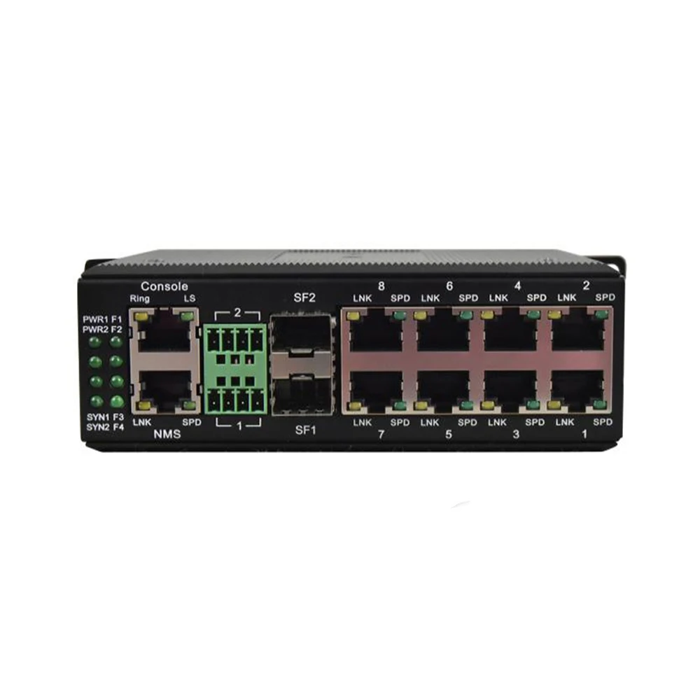 Managed Industrial Ethernet Switch 9V 12V 24V 48V Dc Din Rail 8 GE 2 SFP 10G 10 Port Ring Fiber Network Switch