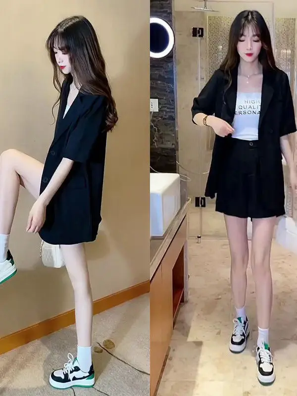 

Slim Fit Short Sleeve Suit Set for Women Summer Fashionable Workwear Thin Outerwear Two Piece Set Korean Style Casual Polyest...