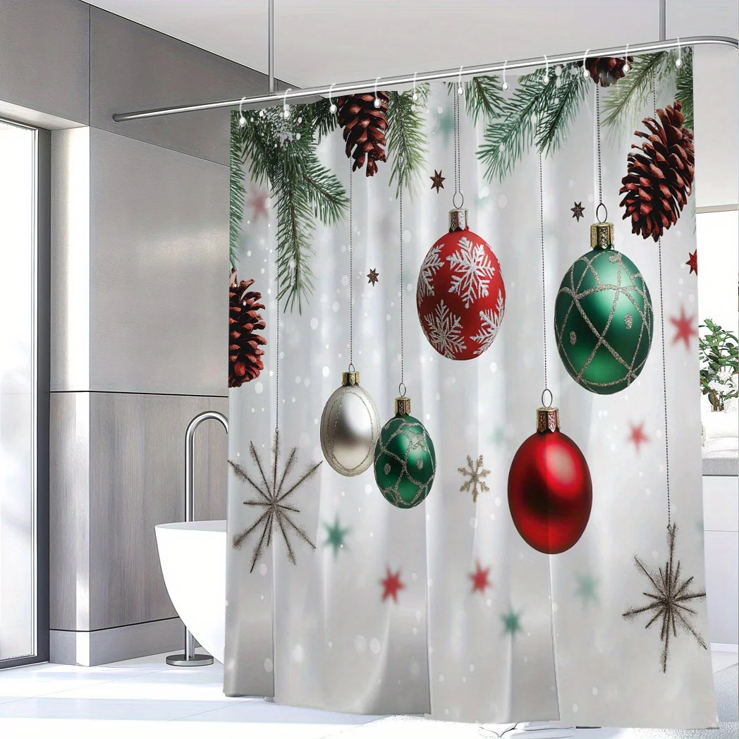

1pc Christmas Shower Curtain - Ornaments, Pine Branches & Snowflakes, 71x71", Polyester, 12 Hooks, Festive Holiday Design