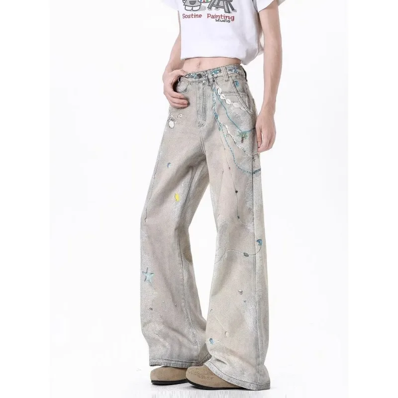 Designed Heavy Industrial Chain Printed Straight-leg Long Pants Trendy Street Retro Punk Hip-hop Floor-length Jeans Fashionable