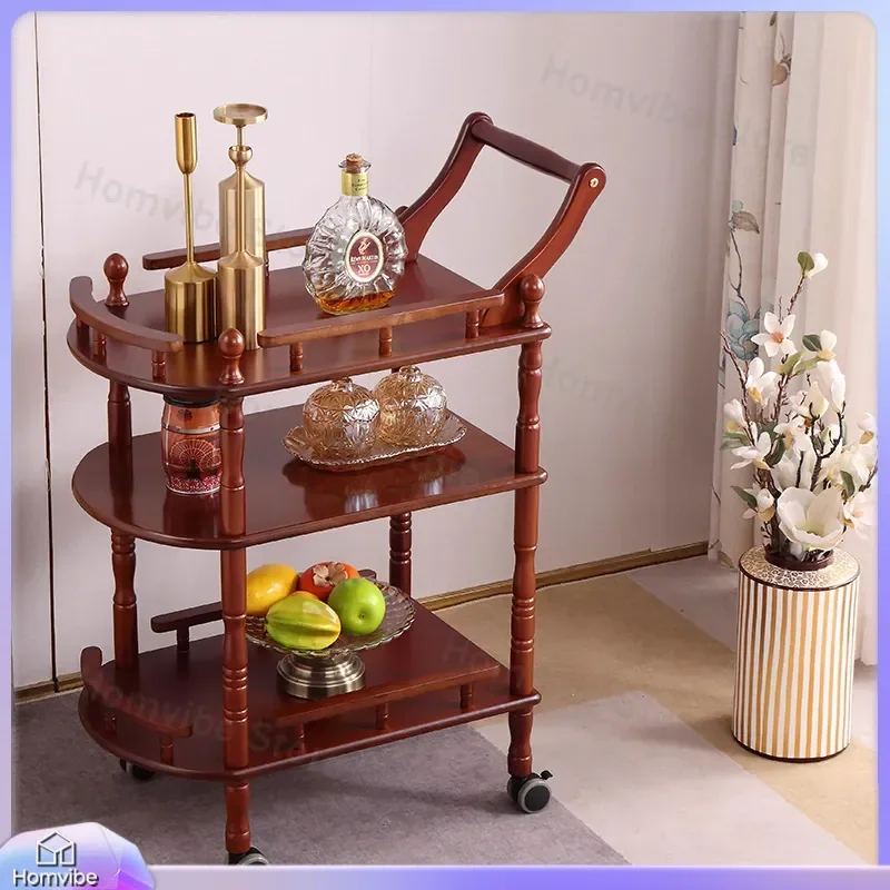 Solid Wood Wine Cart Three Layer Trolley Mobile Dining Cart Multi Functional Tea Cart Home Kitchen Rack with Silent Wheels