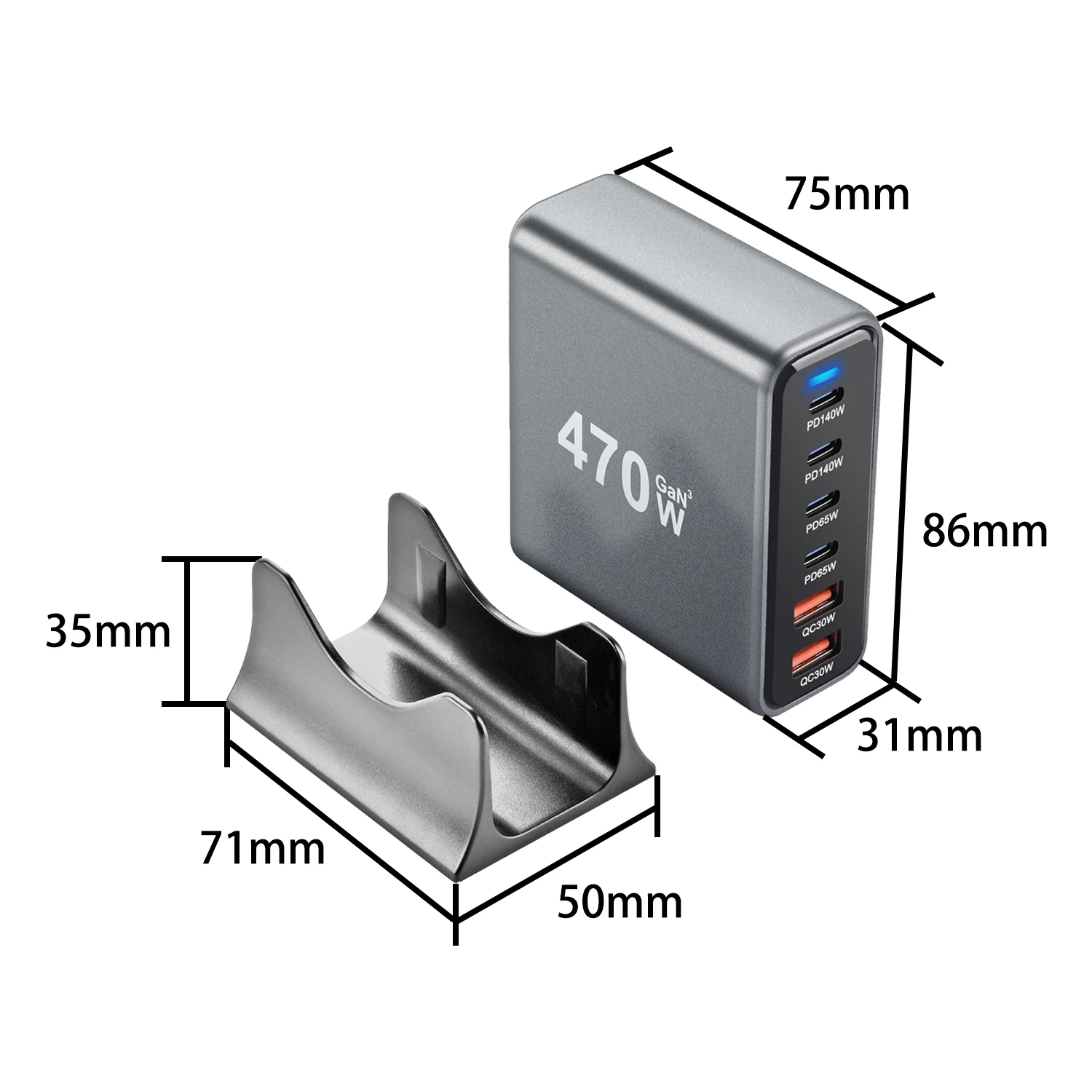 470W 6-Port GaN Desktop Charger 4C2A USB Type-C PD Fast Multi-Port Cell Phone Charger for Multi-Device Charging