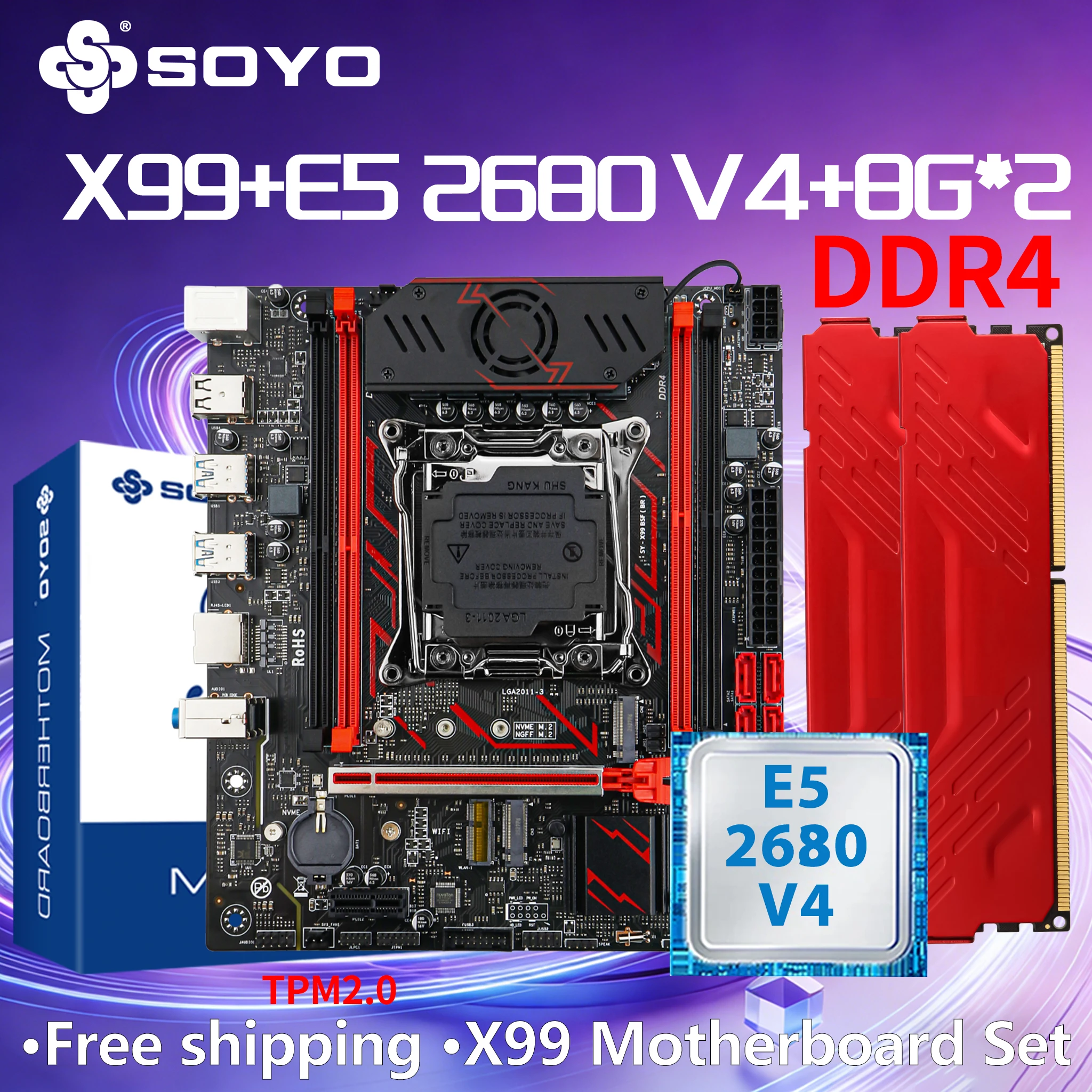 

Gaming Motherboard Dual SOYO X99 BSF C612 Intel Kit Xeon E5 2680 V4 CPU DDR4 RAM 16G Computer TPM2.0 SATA3.0 LGA2011-3