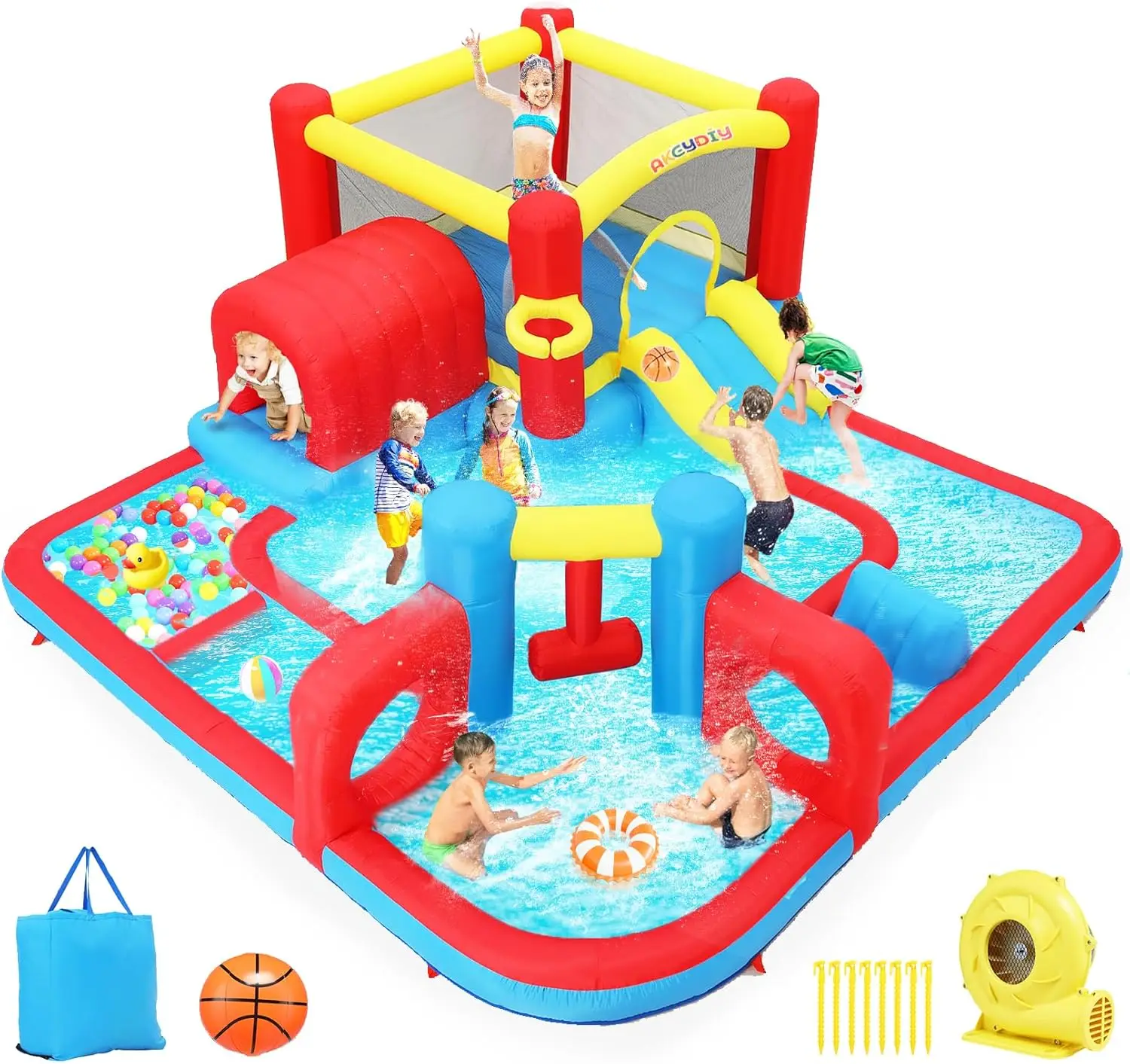 AKEYDIY Inflatable Water Slide for Kids,12 in 1 Water Park with Bounce Area,Boxing Column,Tunnel Obstacle&Big Pool,Adventure Maz