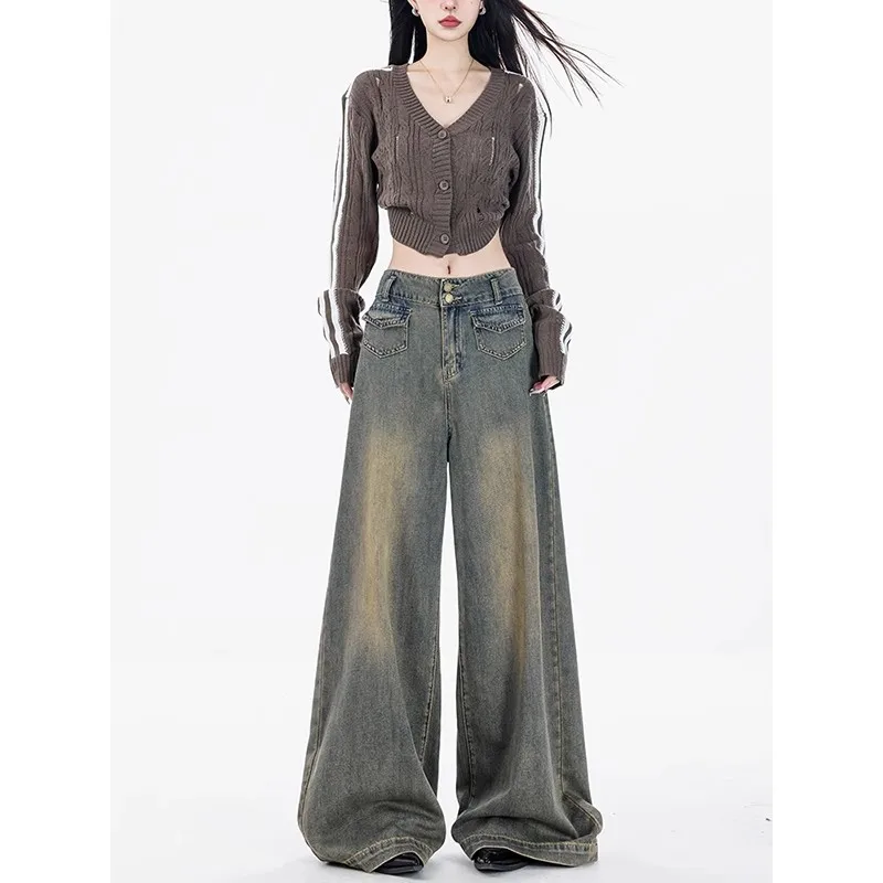 WCFCX STUDIO American Early Autumn Blue Wide Leg Jeans 2023 Y2k Retro Fashion High Waisted Straight Leg Pants