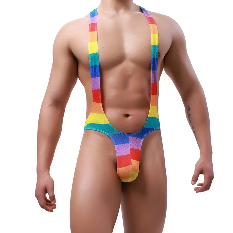Sexy Mens Undershirts Printing Jockstrap Male Jumpsuit Mesh Breathable Bodysuit Sexy Gay One-piece Pajamas Underwear Nightwear