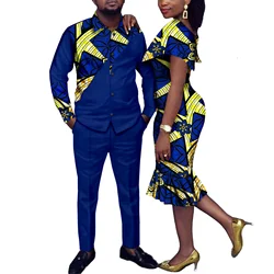 African Couples Women Print Wax Cotton Fashion Patchwork Hot Dress& Men 2 Pieces Shirt and Pants Sets