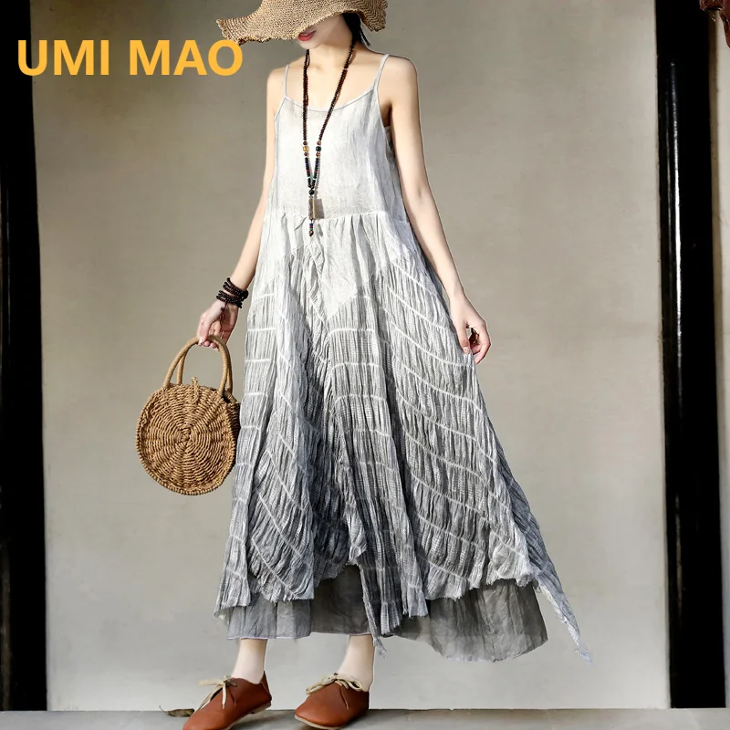 

UMI MAO Camisole Dress Femme Cotton Linen Plant Dyed Irregular Loose Patchwork Elegant Fairy Like Dress For Women