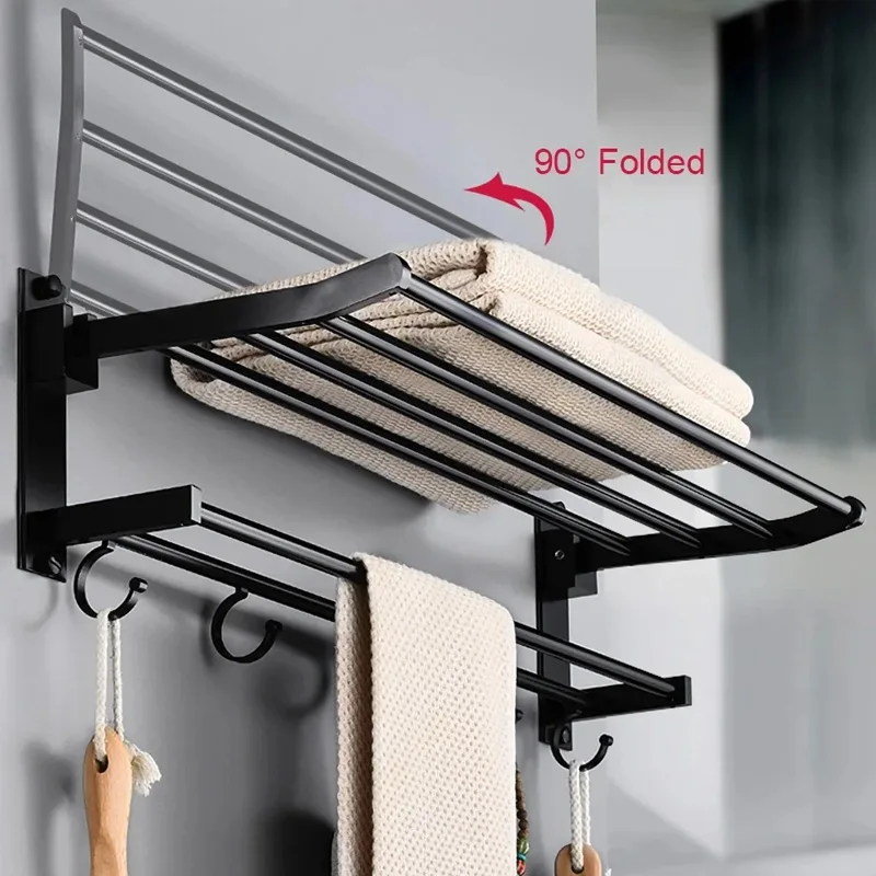 2-Layer Towel Rack Bathroom Wall Mounted Hanger Folding Bath Towel Storage Rail Holder with Movable Hook Black Shower Towel Rack