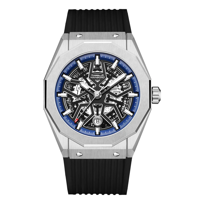 

HANBORO Men Luxury Watch 42mm Automatic Mechanical Wristwatch 50m Waterproof Luminous Skeleton Dial Rubber Strap Miyota 8215