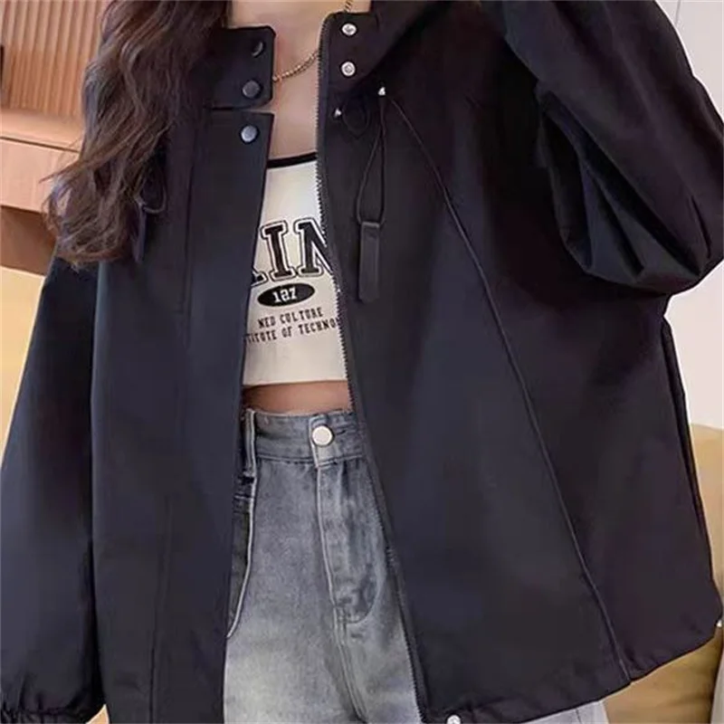 

Femme Fashion Casual Zipper Stormtrooper Coat Spring Autumn Ladies Long Sleeves Jacket Korean Women Hooded Patchwork Top Outwear