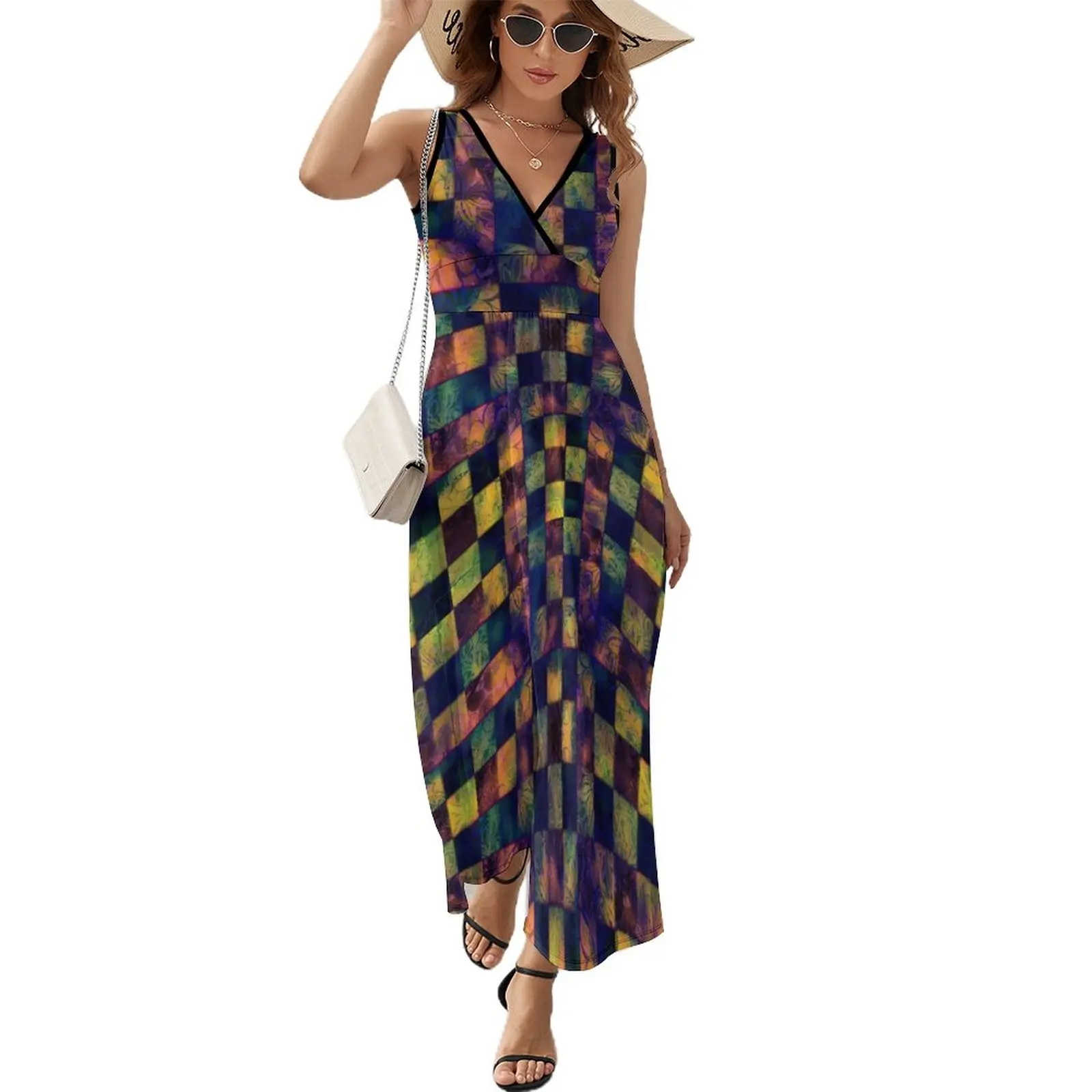 Vestido maxi estampado em retalhos, arco-íris damasco, moda coreana, vestidos longos boêmios, cintura alta estampada, vestidos de tamanho grande, praia