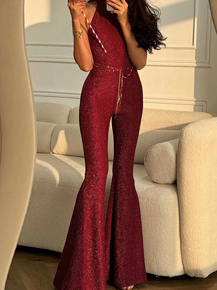 

Модный расклешенный комбинезон с блестками и блестками, сексуальный полый тонкий комбинезон с лямкой на шее и открытой спиной, женский элегантный однотонный длинный комбинезон без рукавов с завязками