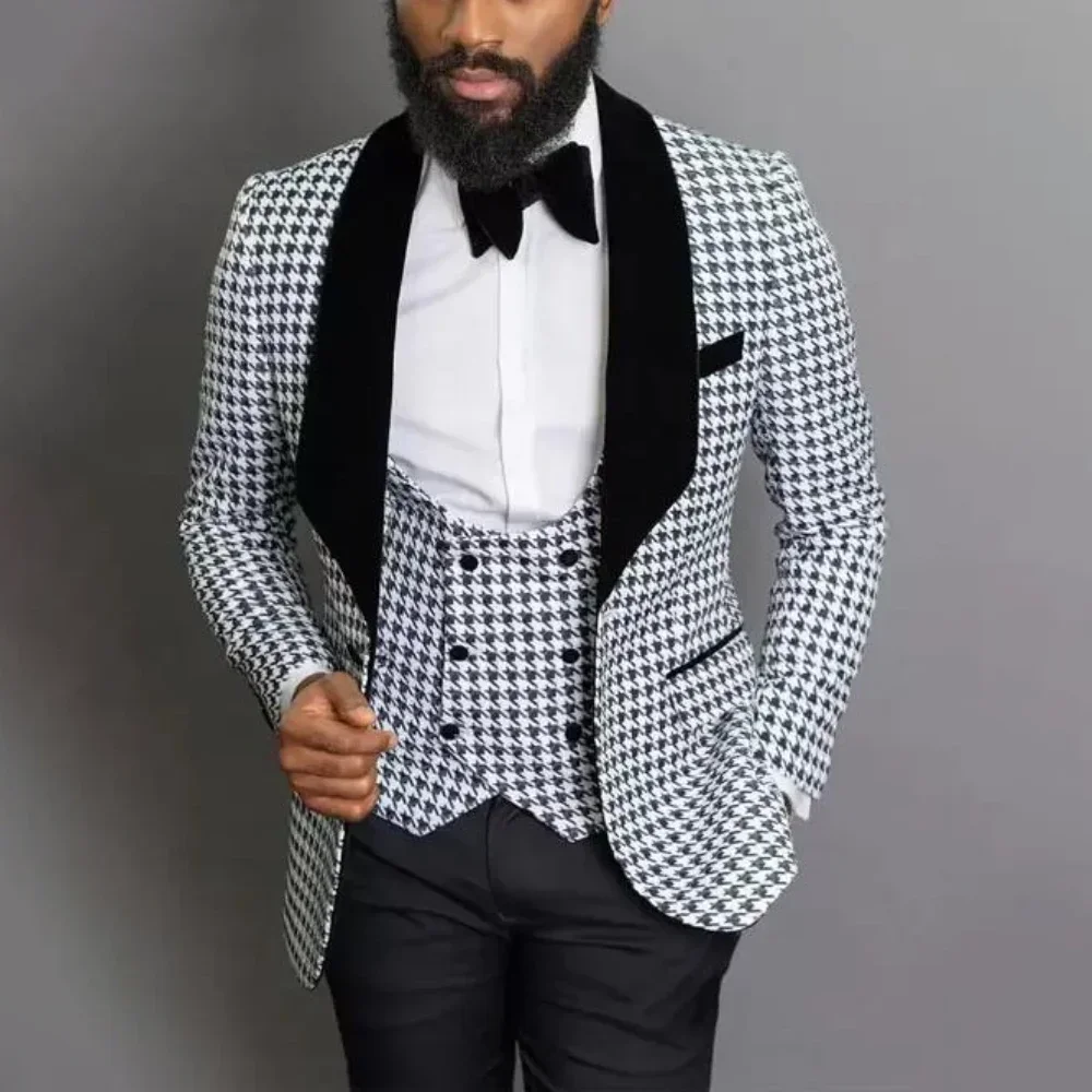 

New Arrival Houndstooth Suits for Men Slim Fashion Shawl Lapel One Button Formal Party Prom Wedding Set (Blazer+Vest+Pants)