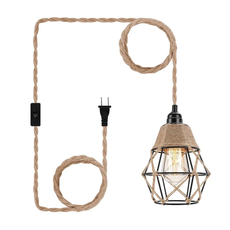 Retro Industrial Plug In Pendant Light With Switch Movable Hemp Rope Kitchen Island Hanging Lamps For Ceiling Interior Fixture