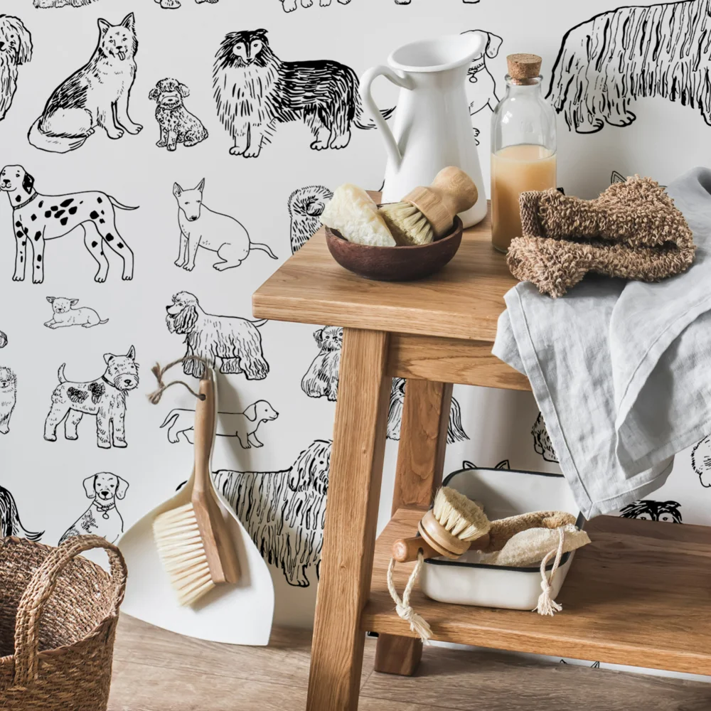 Hand Painted Black And White Cute Cartoon Dog Self Adhesive Wallpaper For Children Removable And Moisture Proof Room Wall Art