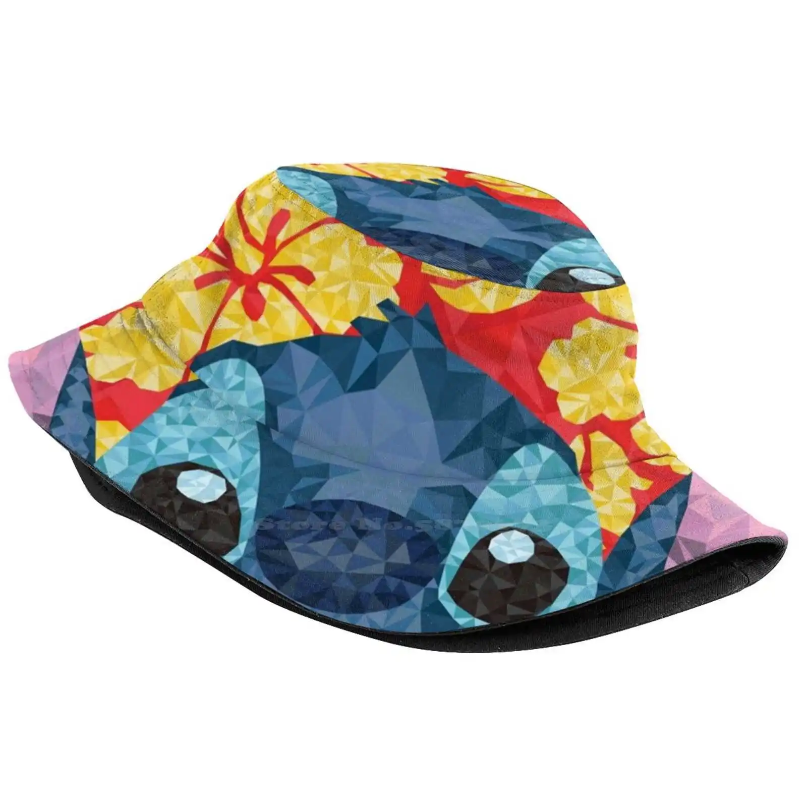 Geometric With Hawaiian Flowers Korean Caps Funny Beach Bucket Hats Geometric Red Blue Yellow Hawaiian Lilo And