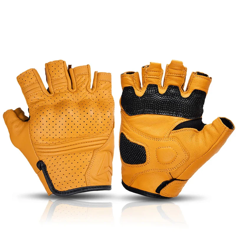 

Summer Yellow Motorcycle Gloves Fingerless Leather Moto Retro Motercycle Half Finger Gloves Men Women For Riding Cycling Racing