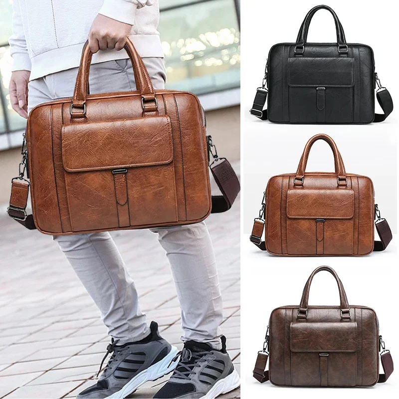 Maleta masculina de couro PU, bolsa de mensageiro vintage, bolsa tiracolo, bolsa de ombro para laptop, bolsa executiva casual