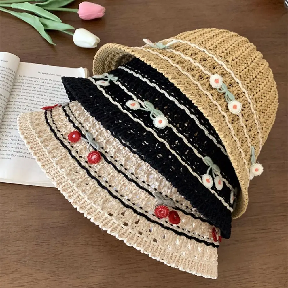 Image 4: Chapeau de paille cerise tendance, protection solaire, large bord, tissé, élégant, pliable, pour les vacances