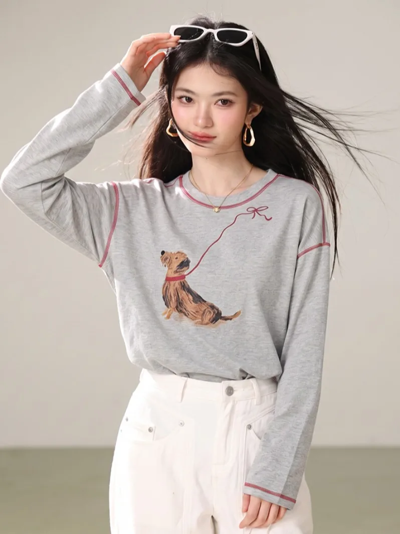 Loose Long Sleeve round Neck T-Shirt Women's Dog Print Color Block Design Casual Spring Autumn Base Shirt Top White