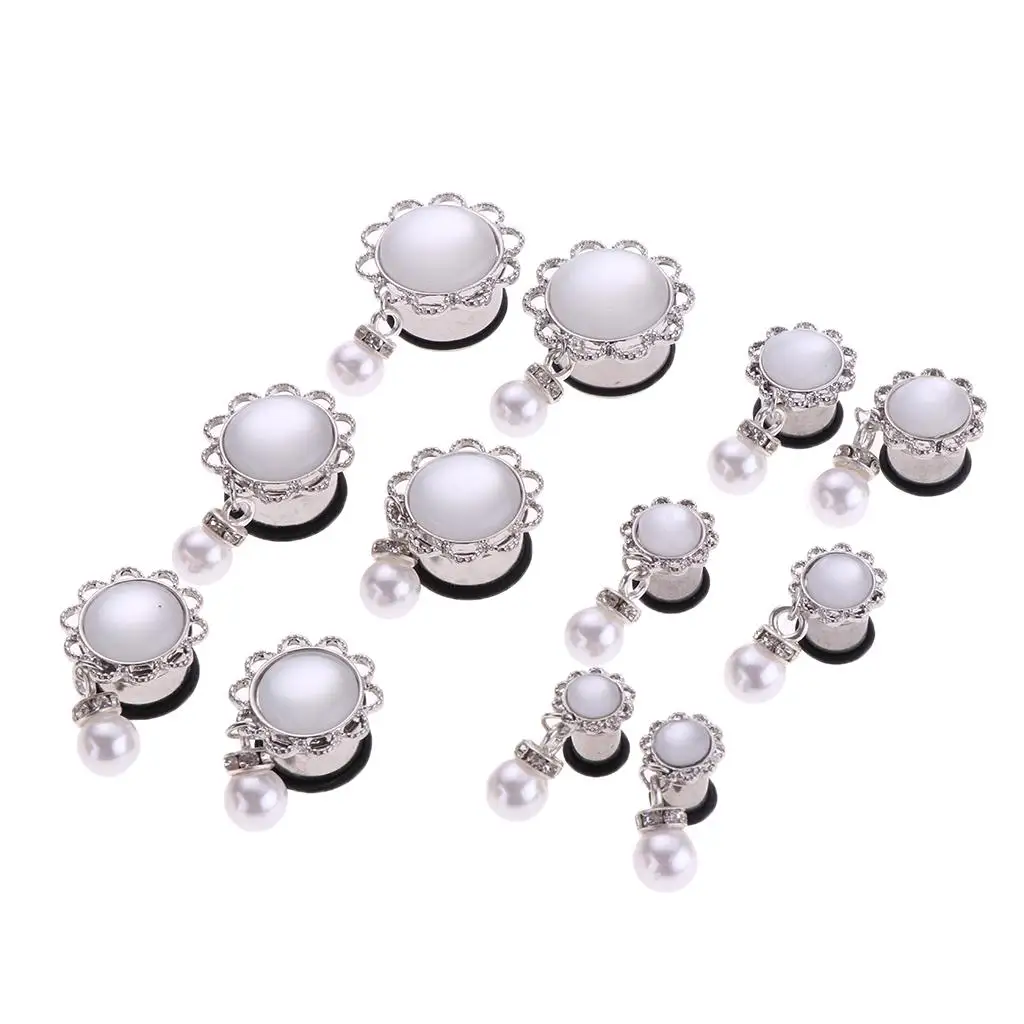 2pcs Rhinestone Pearl Ear Plugs Tunnels with O-Ring Stretcher Expander