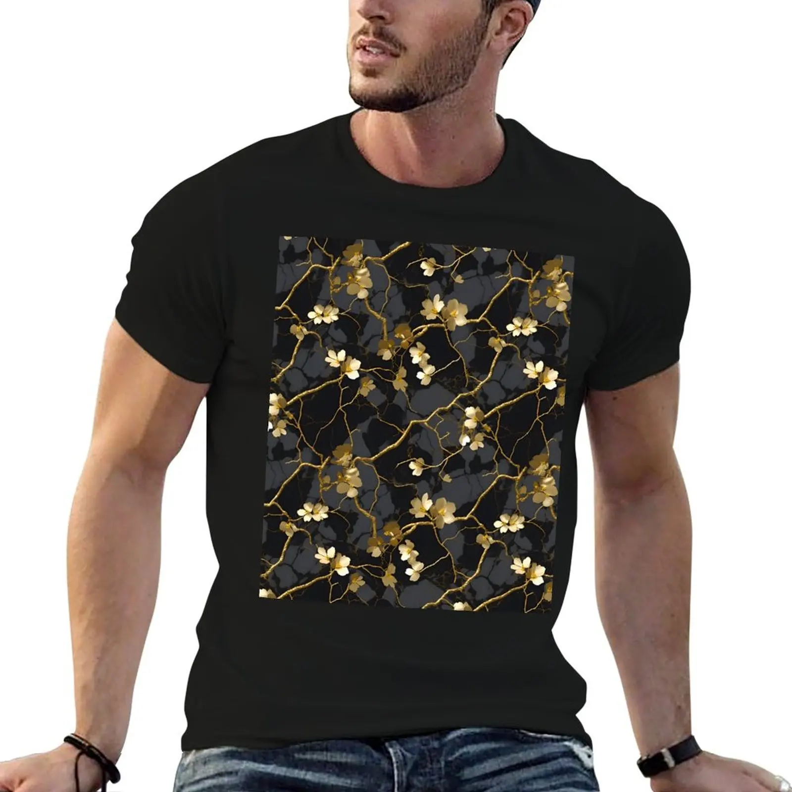 Kintsugi golden flowers pattern T-Shirt anime figures summer top funny t shirts for men