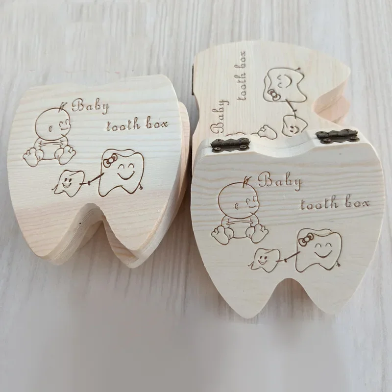 Wooden Baby Tooth Box English/ Spanish Deciduous Teeth Storage Case Baby Teeth Collect Souvenirs Gift Keepsakes for Boys Girls