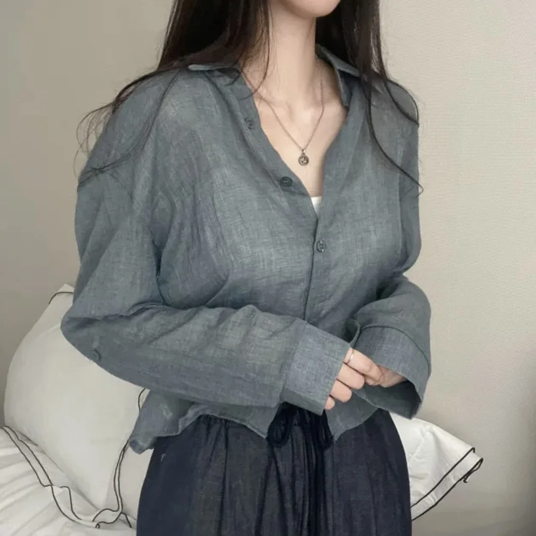 Women's Summer Chic Loose Fit Long Sleeve Shirt Thin Transparent Simple Style Versatile Straight Cut Button up Top