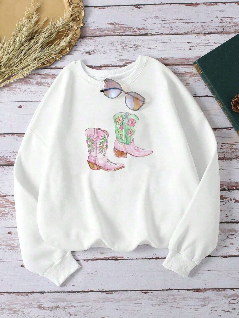 Autumn Womens Sweatshirt Color Boots Graphic Printing Hoodies Warm Fleece Soft Comfortable Pullovers Fashion Female Clothing