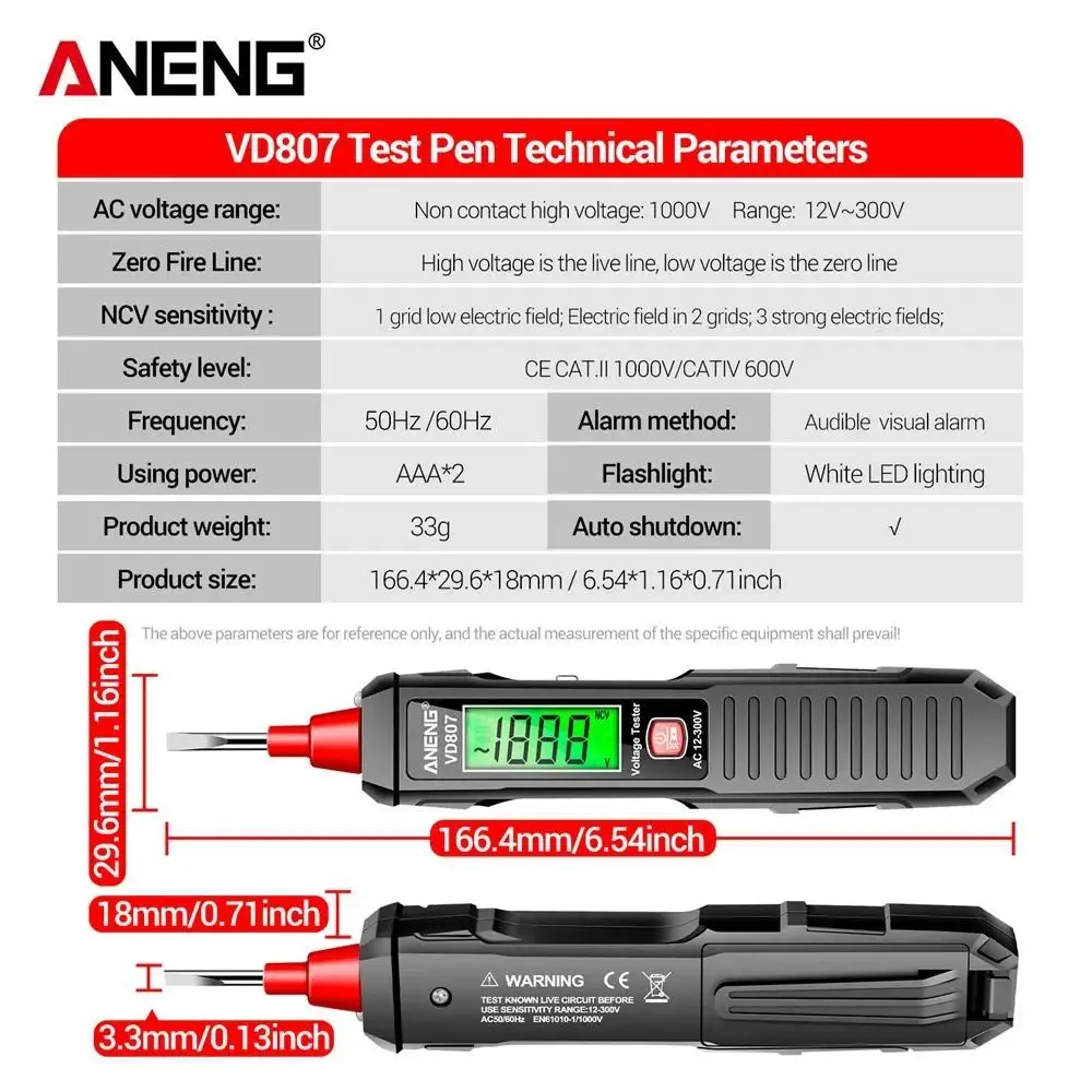 50/60Hz NCV czujnik AC 12-300V inteligentny pióro testowe indukcyjny ANENG VD807 pióro elektryczne Tester napięcia narzędzie elektryka