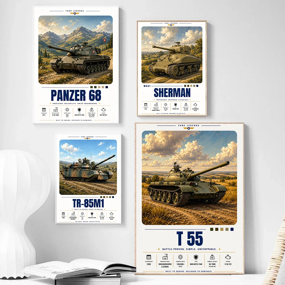 Tank Military Memorabilia Posters Armored Vehicle Army Modern Prints Canvas Painting Wall Art Pictures Home Living Room Decor