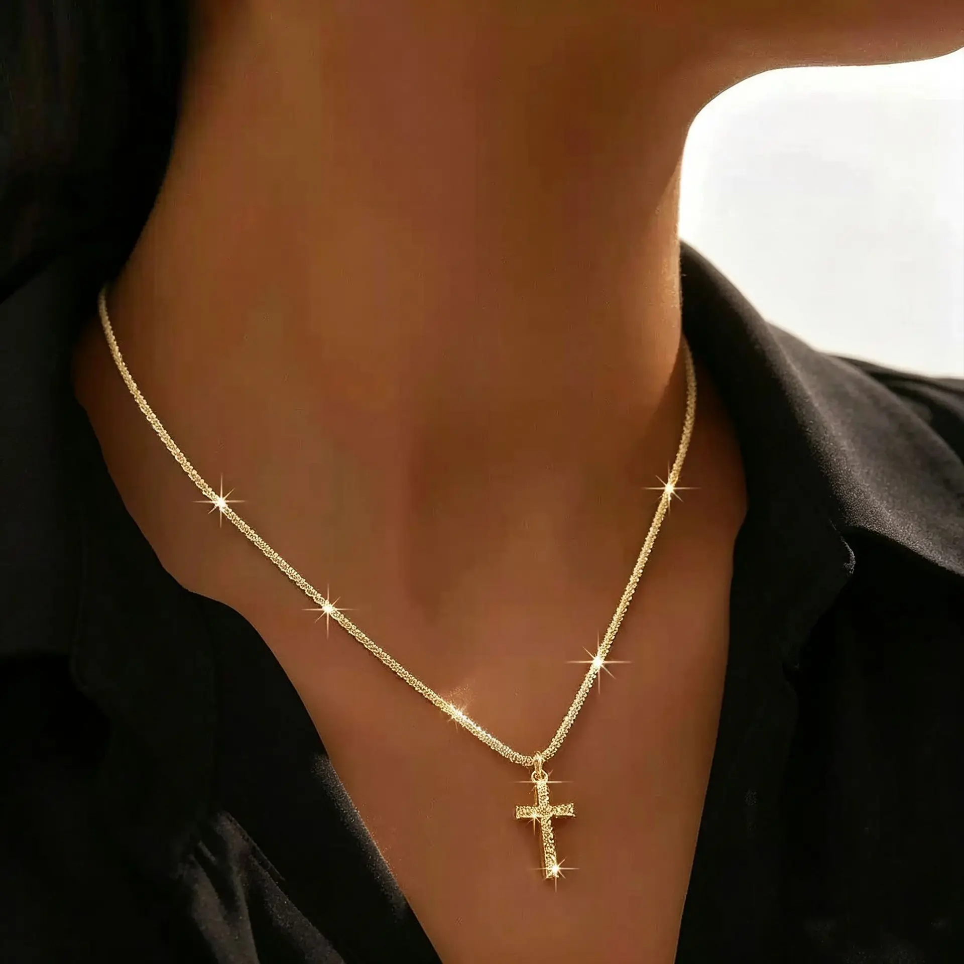 Women Necklace Jewelry Chain Fashion Cross With Rhinestone Pendant Necklace Stainless Steel Choke Ring Women Accessories New