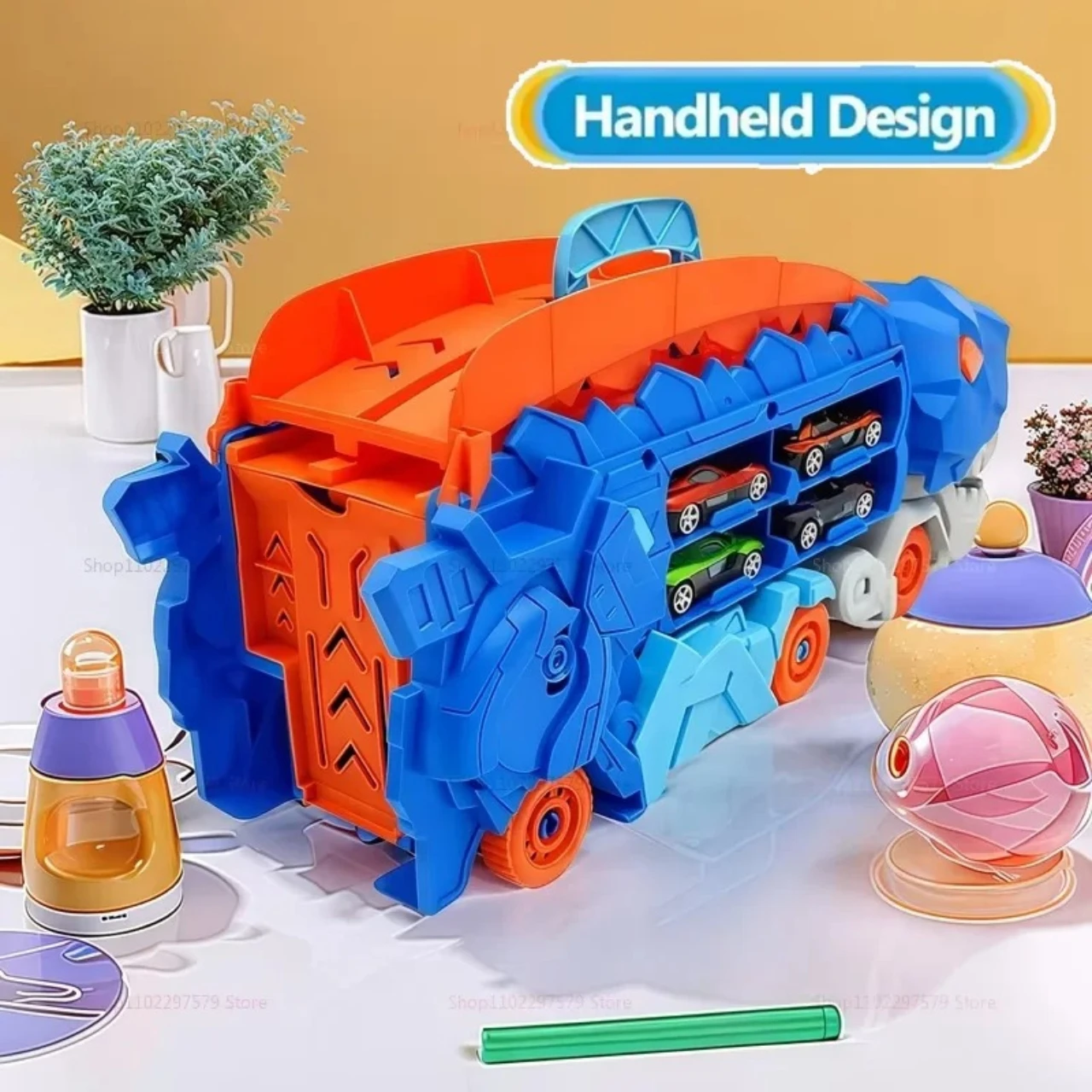 Twee-in-één transformerende Tyrannosaurus rex devours een automodel van metaallegering. Opbergvoertuig voor dinosaurus, cadeau voor een jongenskind.