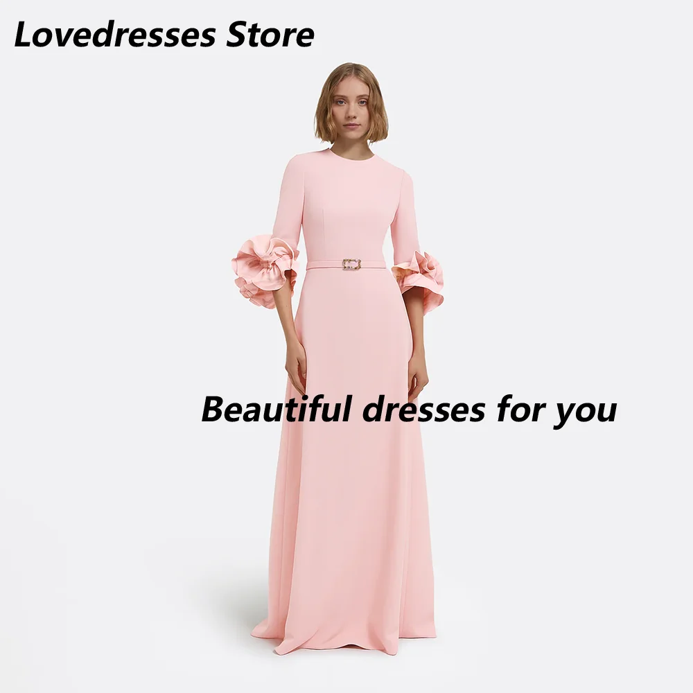 

Pink Evening Dresses for Women O-Neck A Line 2025 Evening Gowns Crystal Belt Half Sleeves Floor Length Prom Gown Customized
