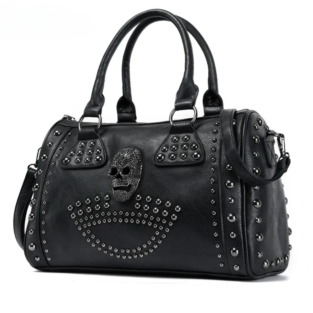 Punk Gothic Rock Metallic Skull Handbag Large Capacity Gothic Shoulder Bag with rivets Skeleton Leather Handbag Wallet