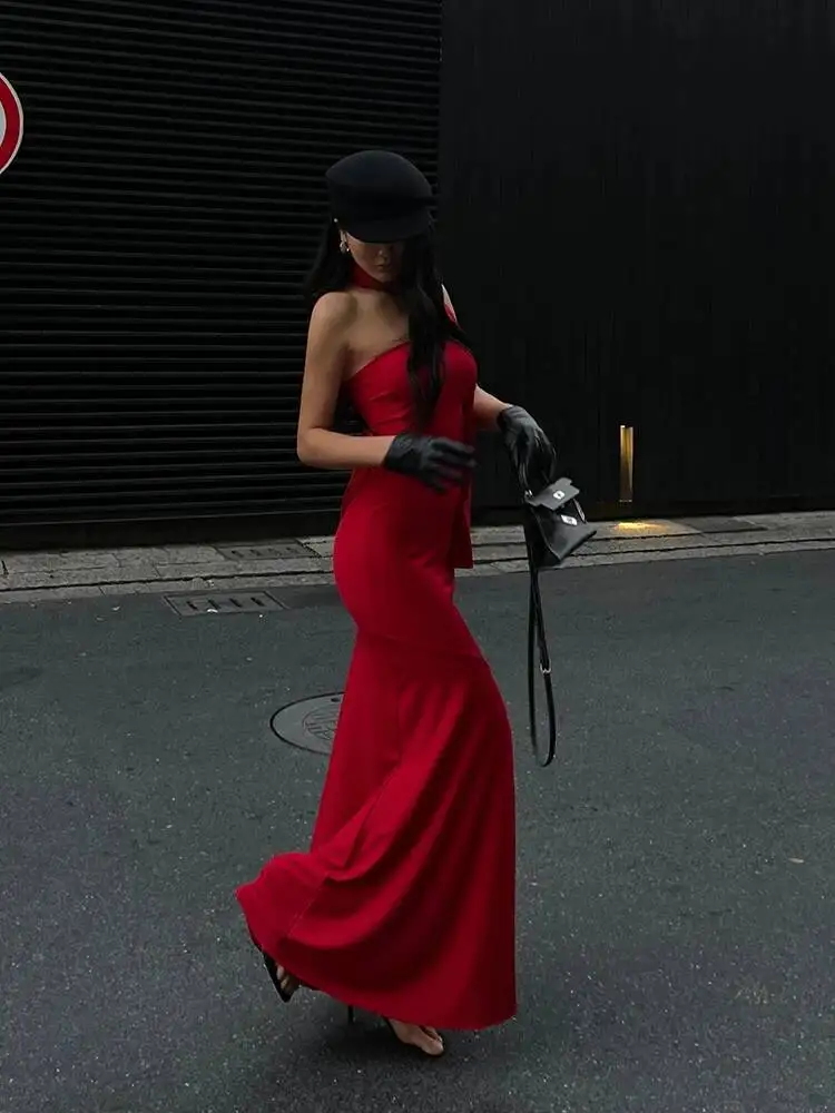 فستان حمالة صدر بياقة وشاح من WOMENGAGA أنيق للنساء لخريف وشتاء جديد عالي الخصر نحيف ملفوف على الورك فستان ذيل السمكة موضة S41L #2