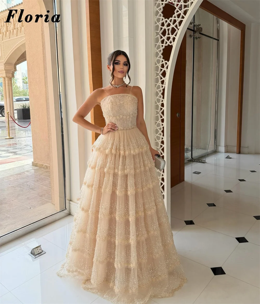 

Light Champagne A Line Prom Dresses Strapless Birthday Party Second Reception Gowns Customized Beaded Pearls Evening Dress 2026