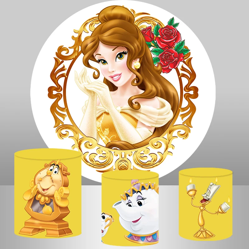 Beauty and The Beast Princess Belle Round Backdrop Cover For Girls Happy Birthday Party Background Circle Cylinder Covers