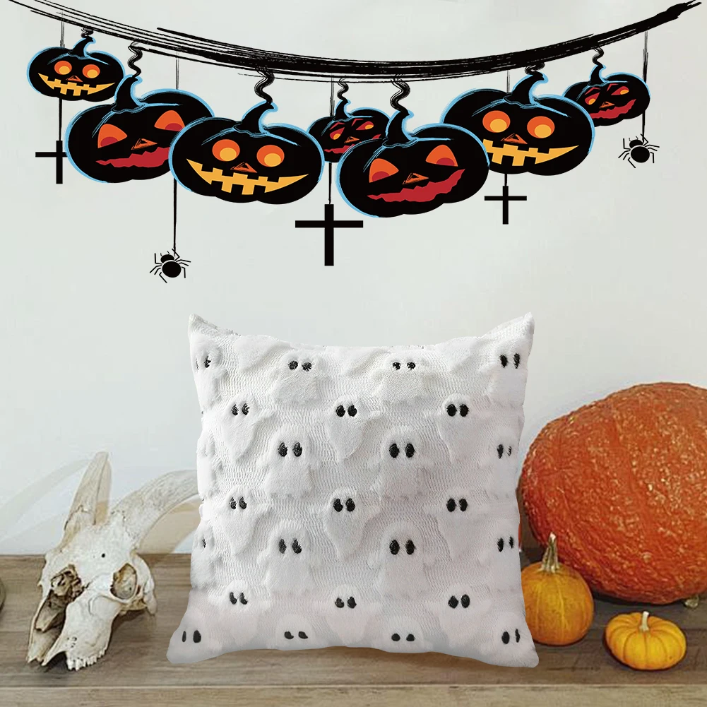 Fundas de almohada de Halloween, fundas de almohada de tiro de fantasma blanco, suave felpa, piel sintética, lana, funda de cojín para silla, sofá, 46x46cm