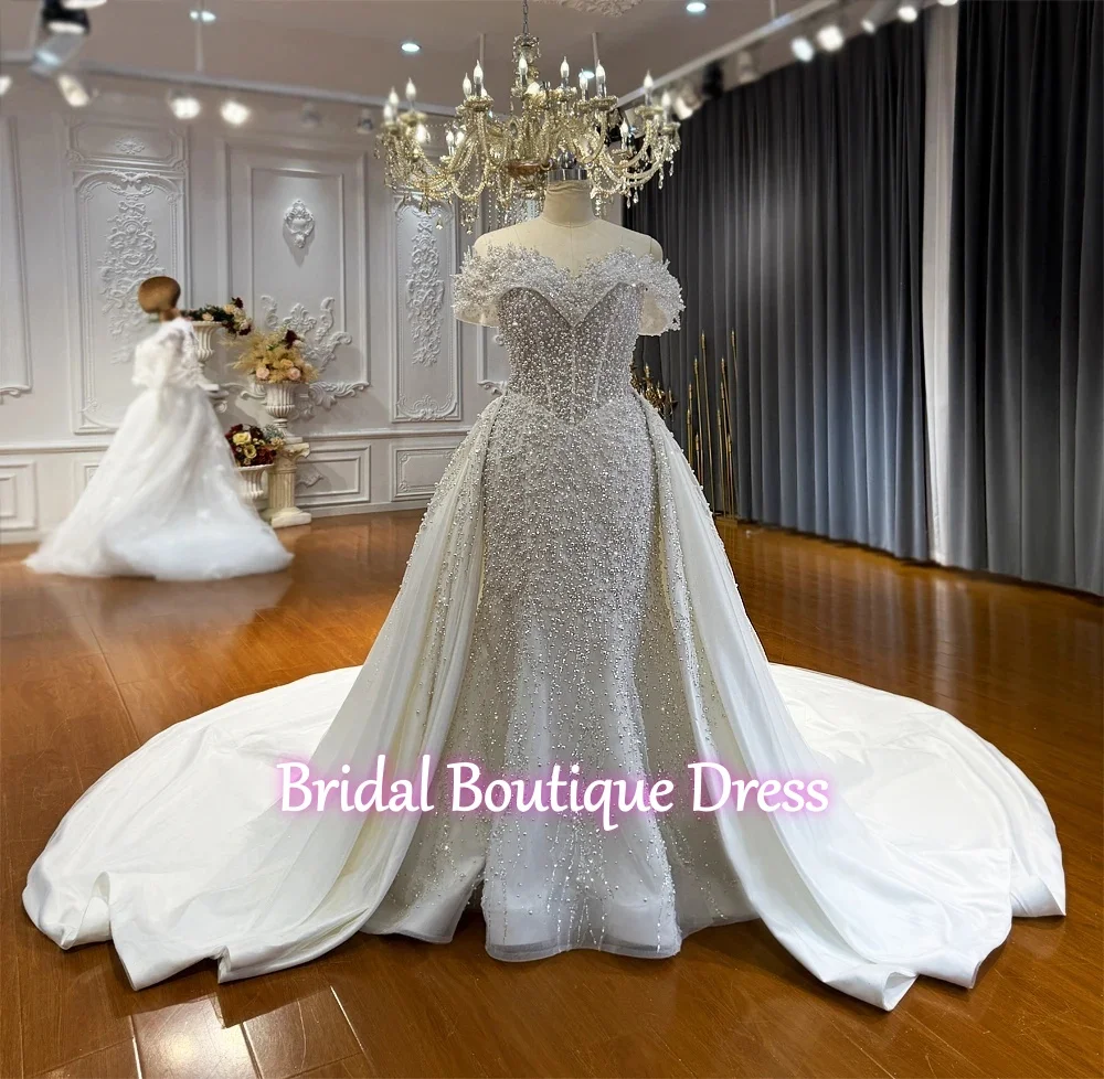 

Luxurious Mermaid Wedding Dresses Bride Strapless Heavy Beaded Lace 2 In 1 Detachable Overskirts Bridal Gown Customized