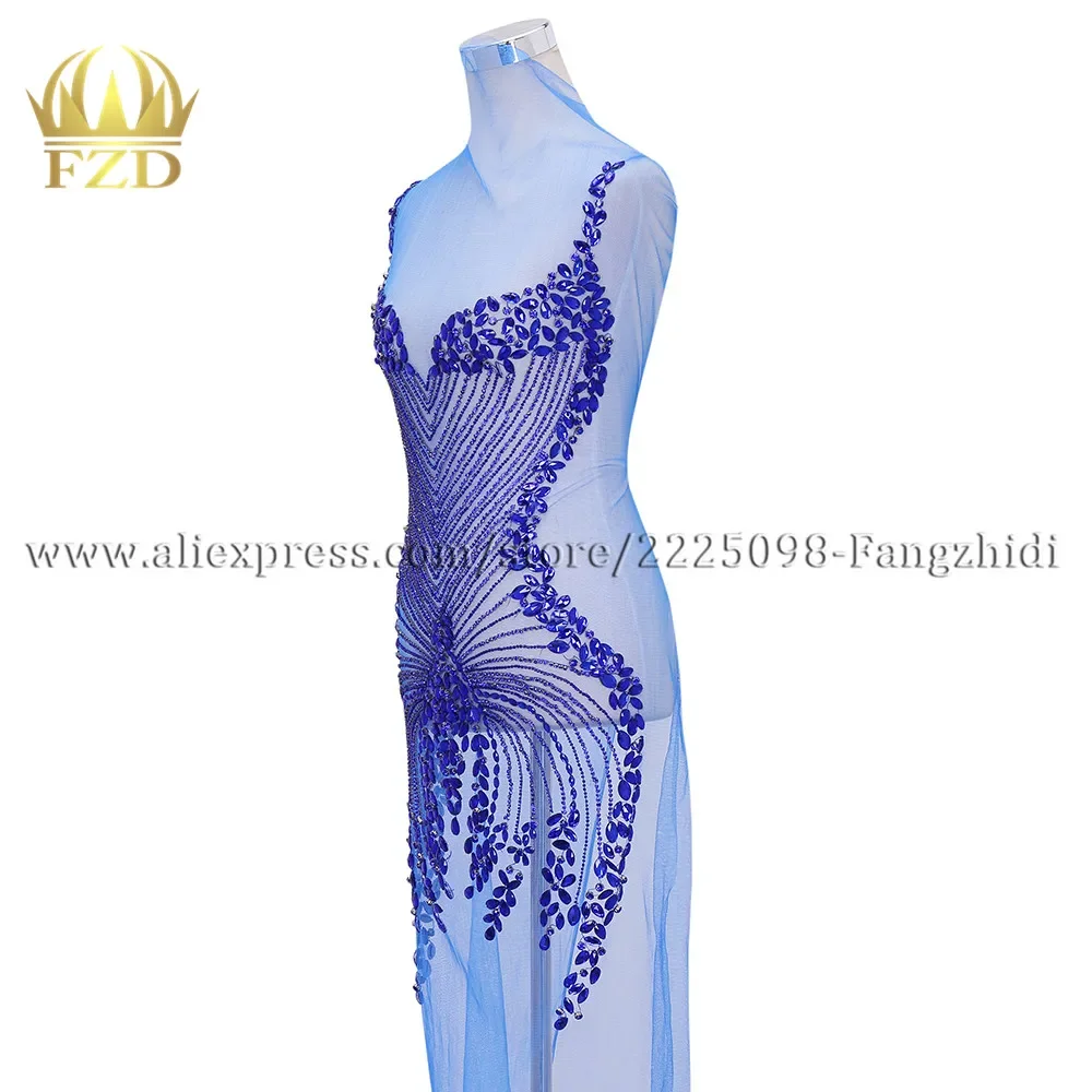 FZD 1 Piece Fashion Royal blue Stone Bodice Patches and Rhinestone Crystal for Wedding Dresses DIY Decorative Clothes Fabric